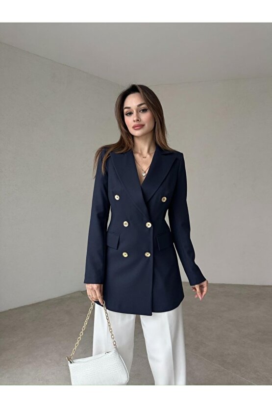 Kadın Çift Düğme Atlas Kumaş Ceket