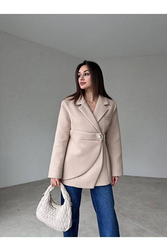 Kadın Yan Düğme Kaşe Kumaş Krem Ceket Kaban