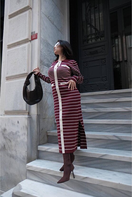 Kadın Çizgi Desen Maxi Triko Elbise