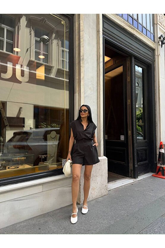 Cep Detaylı Sıfır Kol Dik Yaka Keten Kumaş Siyah Şort Tulum