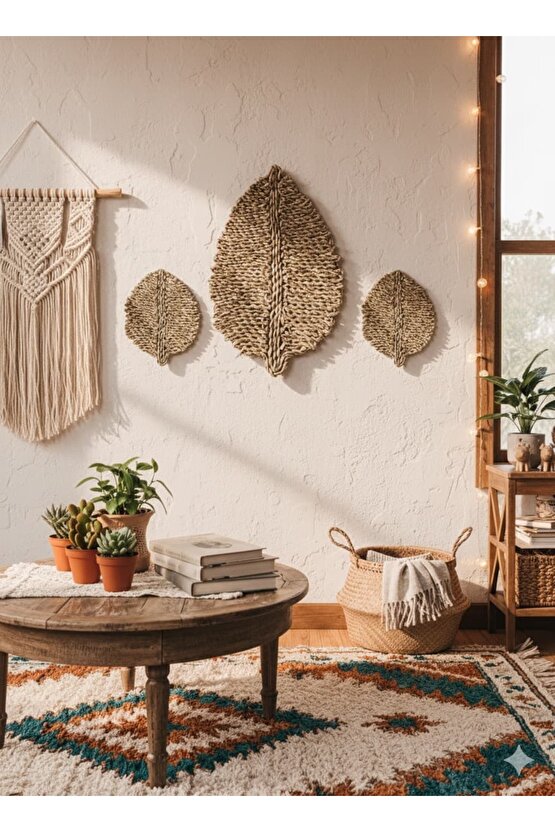 El Yapımı Saz Yaprağı Duvar Aksesuarı Bambu Dekorasyon Natürel Bohem Small