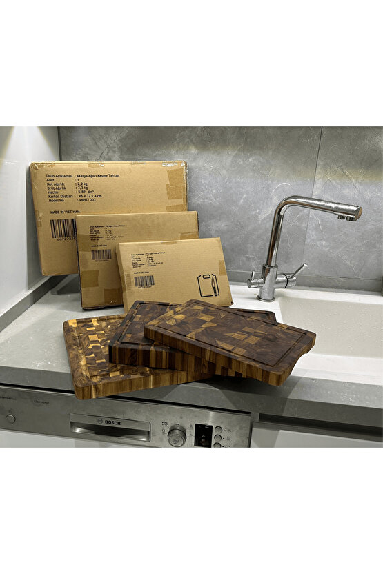 3lü Chef Kesme Tahtası Seti Akasya-Tik Ağacı ENDGRAIN Doğrama tahtası Sunum Tahtası