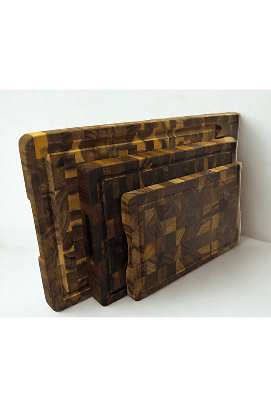 3lü Chef Kesme Tahtası Seti Akasya-Tik Ağacı ENDGRAIN Doğrama tahtası Sunum Tahtası