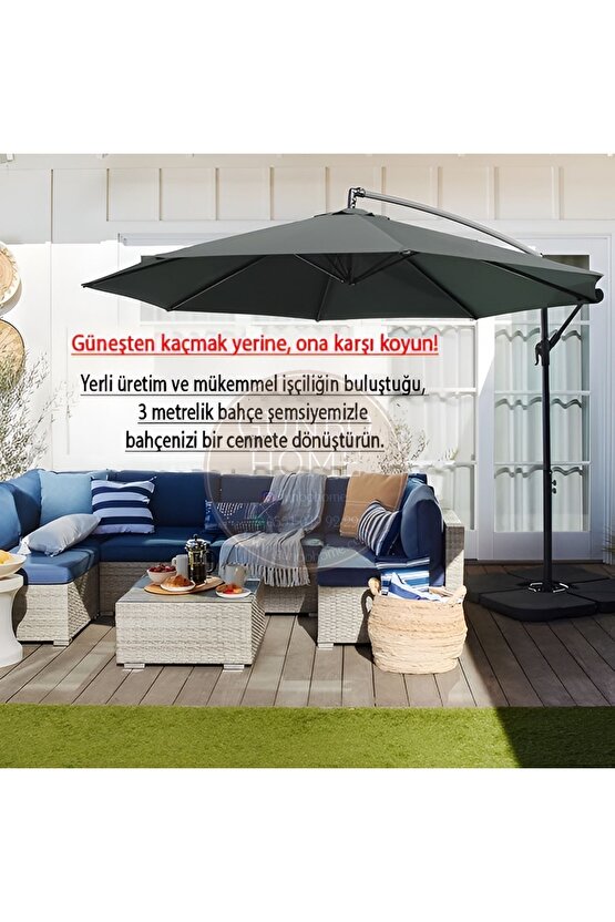 3 Mt 8 Kaburga Full Demir 21 Kg ANTRASİT Bahçe Şemsiyesi Full Set Havuz Şemsiyesi Büyük Şemsiye