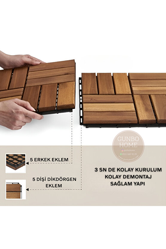 Teak Ağacı Yer Karosu 9 Adet 1 Koli Bahçe Banyo Deck Ahşap Karo Masif Yer Döşemesi Balkon Deck