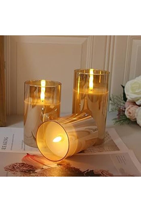 3D Mum Efektli 3lü Mum Set, Pilli Dekoratif Mum Efektli Şamdan, Masa, Gece Lambası 3lü Mum Set