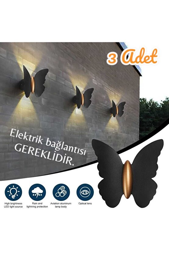 3 Adet Elektrikle Çalışır, 6 Watt Amber Işık Ledli Kelebek Duvar Aplik İç ve Dış Mekan IP65 Aplik