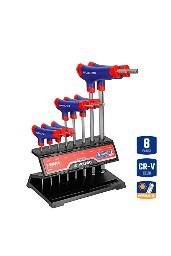 WP200542 8 Parça CR-V Top Başlı T Tipi Uzun Profesyonel Allen Anahtar Takımı