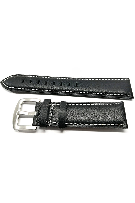 &Her Saate Uyumlu Hakiki Siyah Beyaz Dikişli   Deri Saat Kordonu 22   mm  (44)
