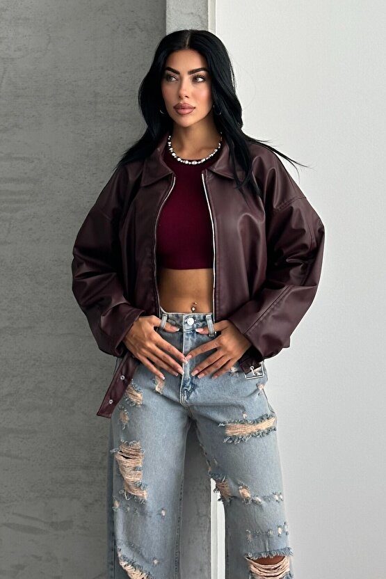 Kadın Oversize Bomber Suni Deri Ceket | Yeni Sezon Kemerli Biker Ceket