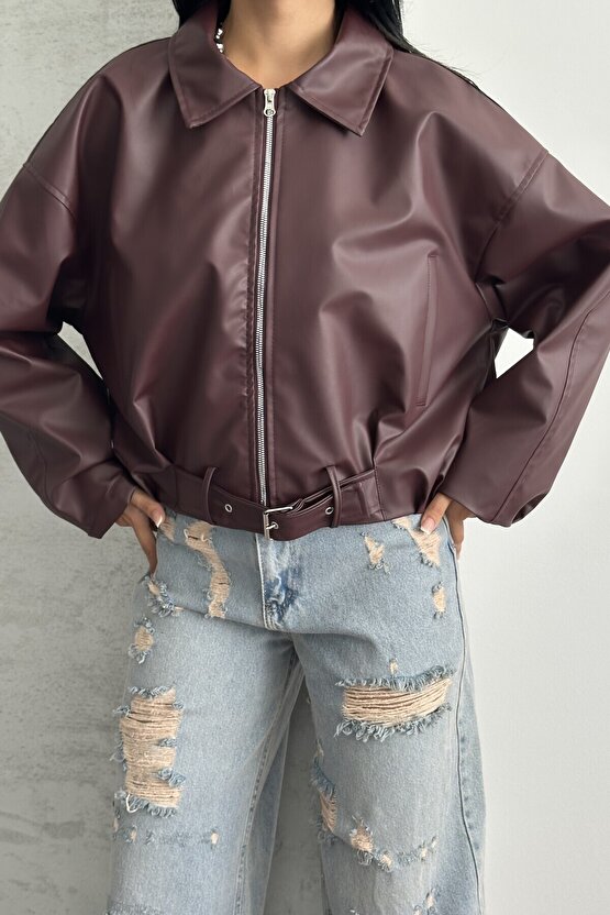 Kadın Oversize Bomber Suni Deri Ceket | Yeni Sezon Kemerli Biker Ceket
