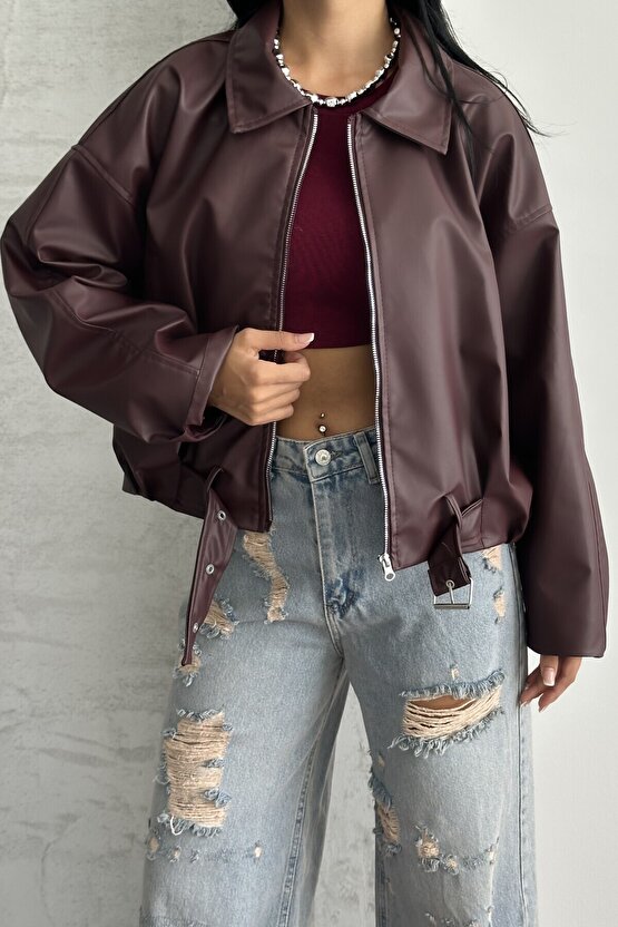Kadın Oversize Bomber Suni Deri Ceket | Yeni Sezon Kemerli Biker Ceket