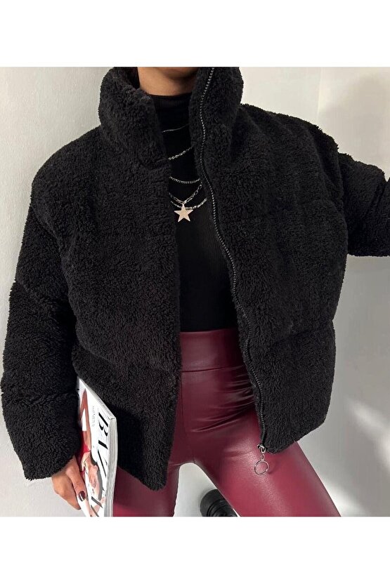 Peluş kabartma teddy şişme mont - Siyah