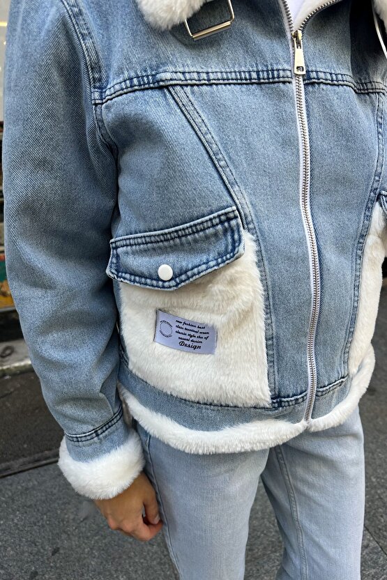 Suni Kürk Detaylı Jean Ceket - Oversize Denim Peluş