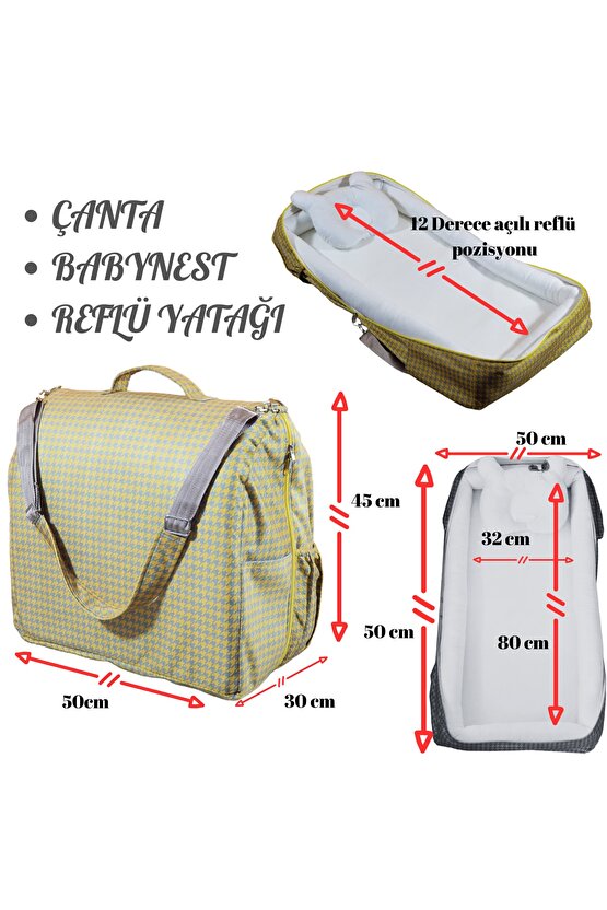 Çantalı Babynest, Bebek Çantası, Taşına Bilir Ebeveyn Yanı Reflü Yatağı Kazayağı Desenli