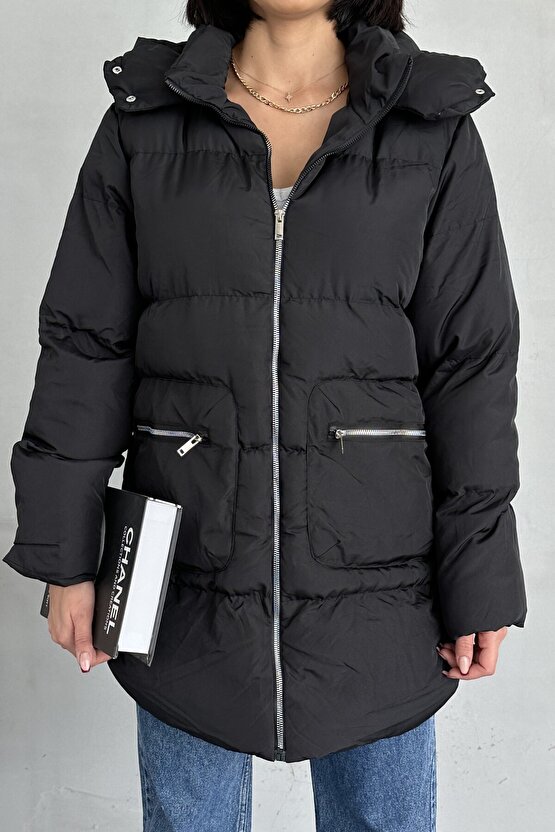 Kadın Kapüşonlu Şişme Uzun Mont