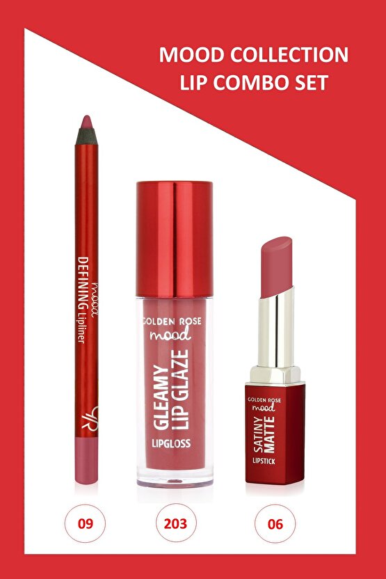 Mood Lip Combo Set - Defining Dudak Kalemi No:09 - Satiny Matte Ruj No:06 - Gleamy Dudak Parlatıcısı