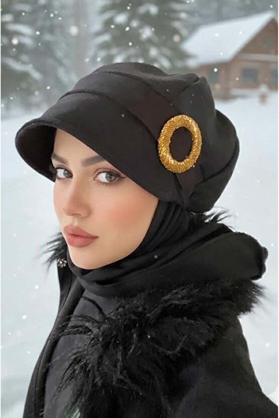 Siyah Gold Tokalı Tesettür Şapka