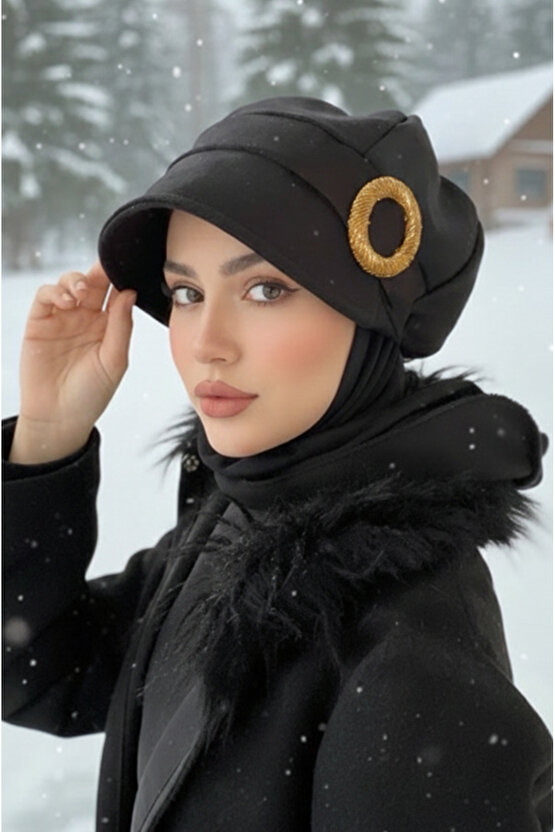 Siyah Gold Tokalı Tesettür Şapka