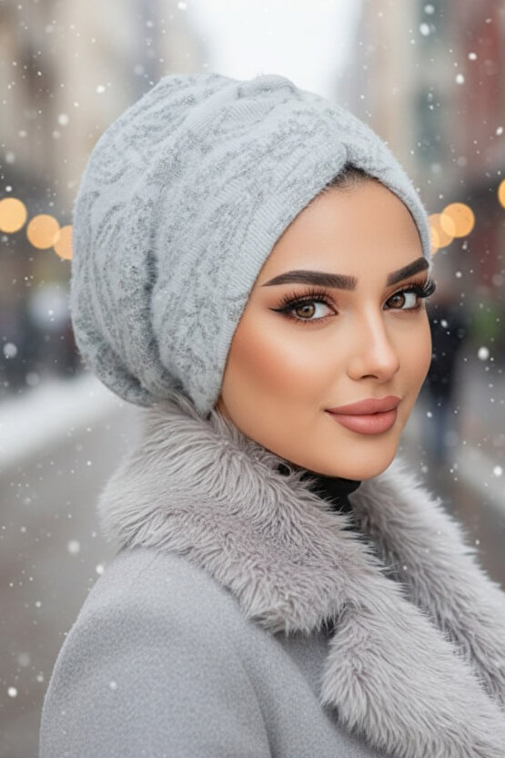 Beyaz Gri Kışlık Büzgülü Bone