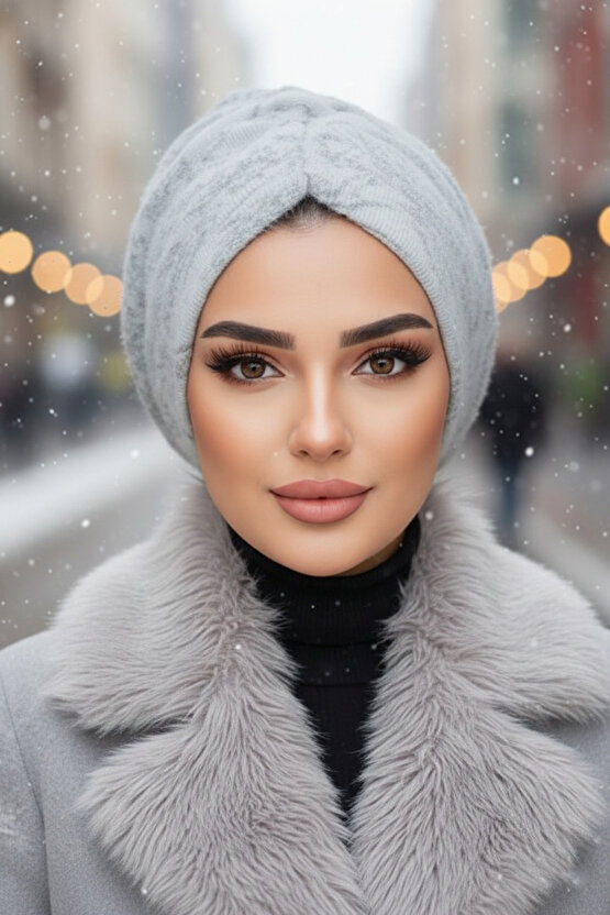 Beyaz Gri Kışlık Büzgülü Bone