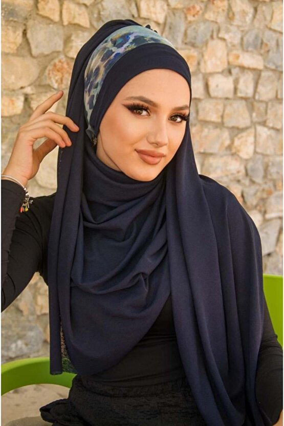 Lacivert Batik Desen Bandana Hazır Şal