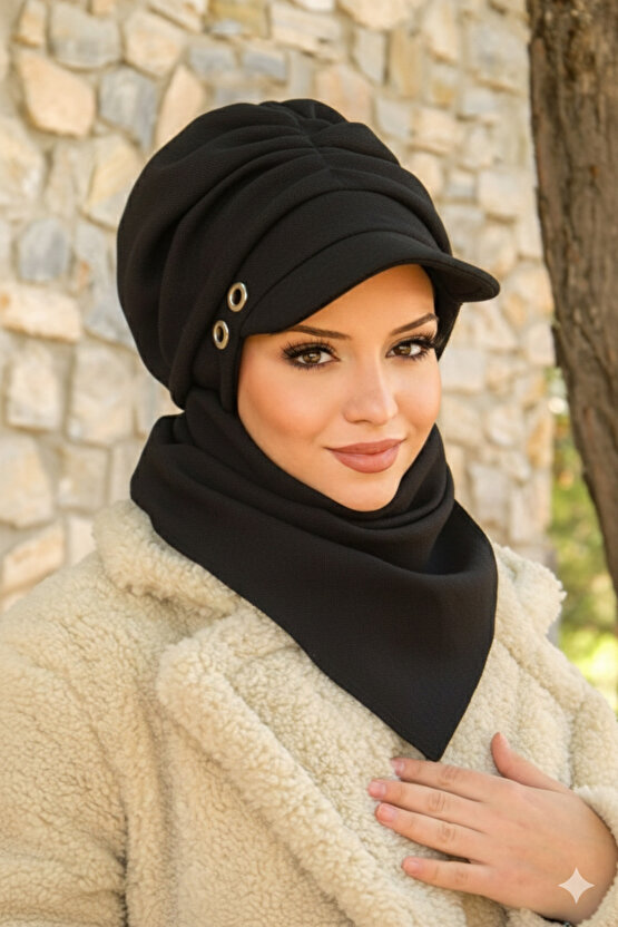 Siyah Büzgülü Tesettür Şapka Ve Etol Takım