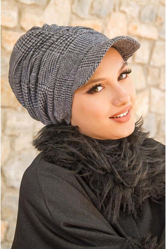 Gri Siyah Ekose Desen Tesettür Şapka