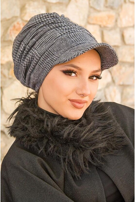 Gri Siyah Ekose Desen Tesettür Şapka