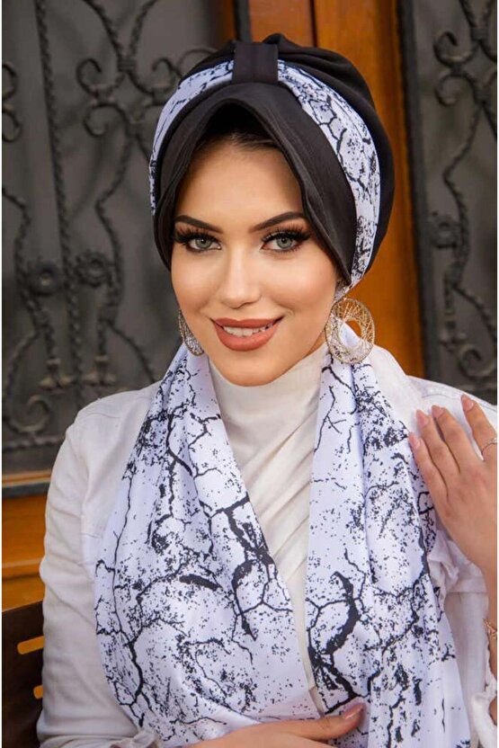 Siyah Beyaz Batik Desen Fularlı Şapka Bone