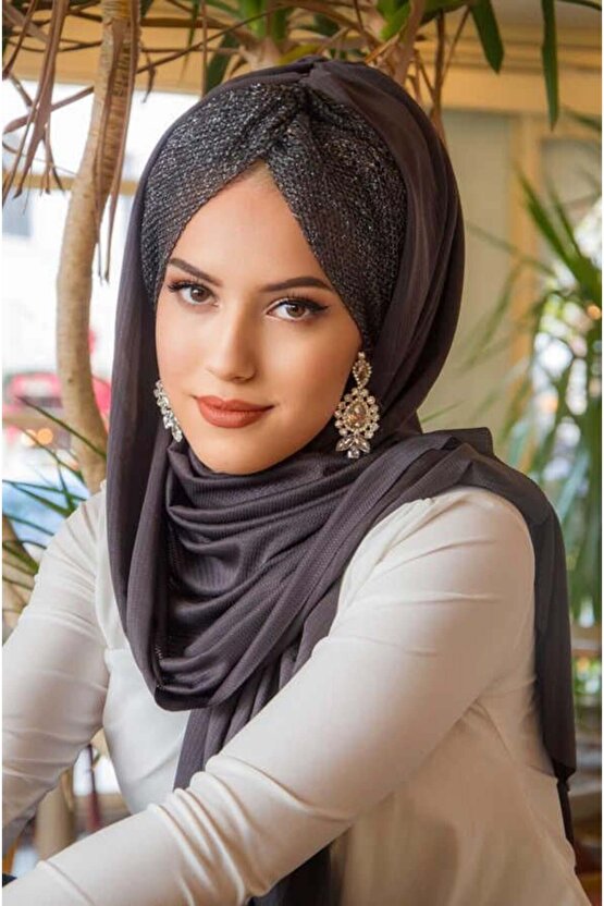 Füme Işıltılı Desen Burgu Hazır Şal