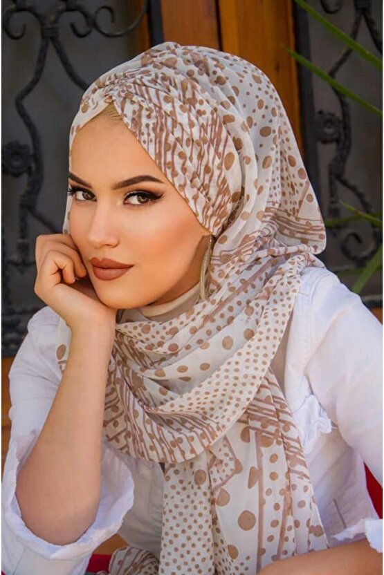 Vizon Beyaz Puanlı Şifon Hazır Şal - 50600