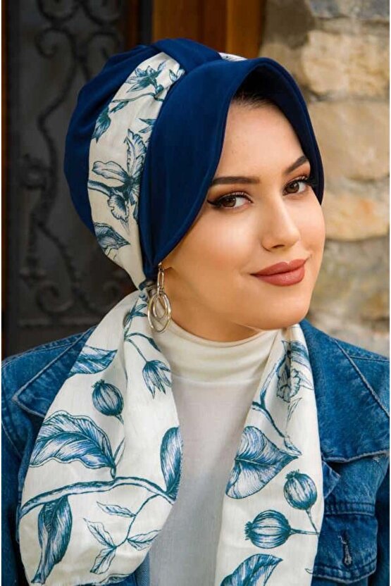 Lacivert Beyaz Yaprak Fularlı Şapka Bone