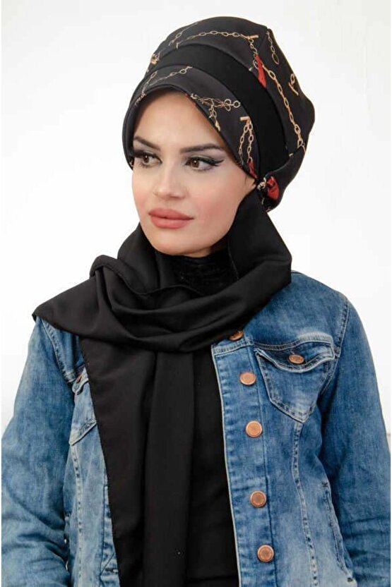 Siyah Zincir Desen Tesettür Şapka