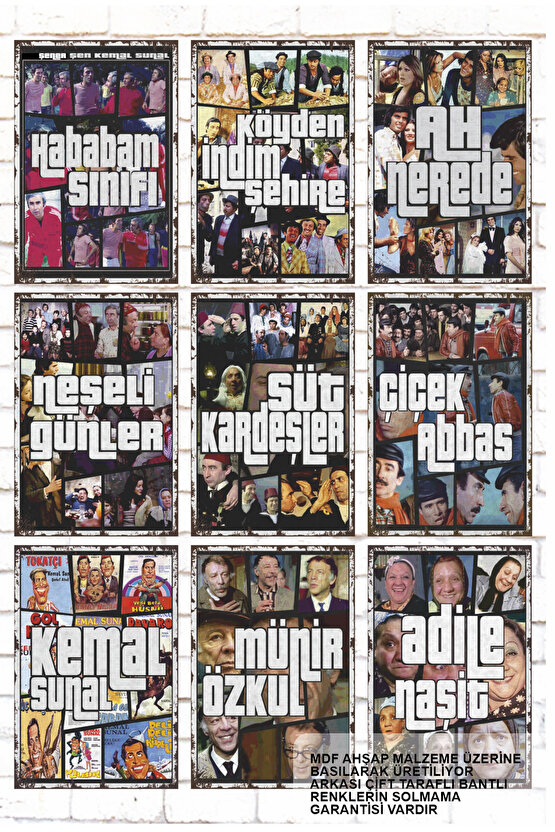 9 Parça Karışık Yazılı Ahşap Tablo Seti türk sineması yeşilçam unutulmaz filmler GTA tarz posterler