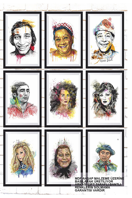 9 Parça Karışık Yazılı Ahşap Tablo Seti türk sineması yeşilçam oyuncuları çizimleri posterleri seti