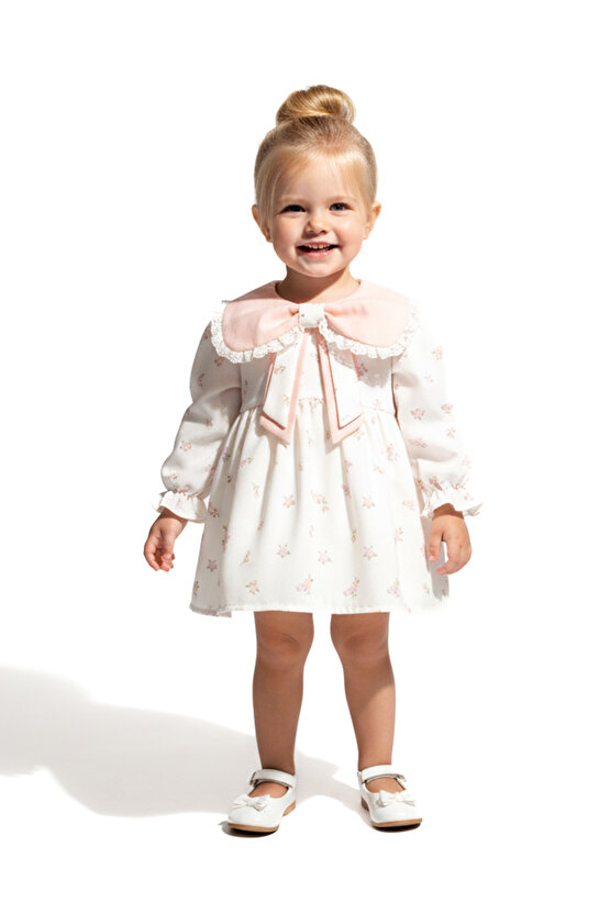 Kız Bebek Elbise Kız Çocuk Elbise Yakalı Doğum Günü Parti Düğün Özel Gün Uzun Kol Astarlı Çiçekli