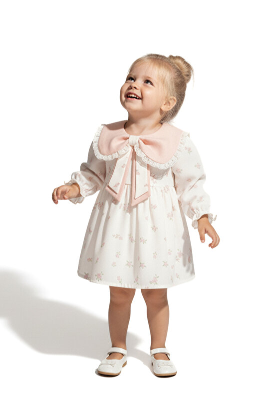 Kız Bebek Elbise Kız Çocuk Elbise Yakalı Doğum Günü Parti Düğün Özel Gün Uzun Kol Astarlı Çiçekli