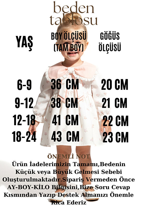 Kız Bebek Elbise Kız Çocuk Elbise Yakalı Doğum Günü Parti Düğün Özel Gün Uzun Kol Astarlı Çiçekli