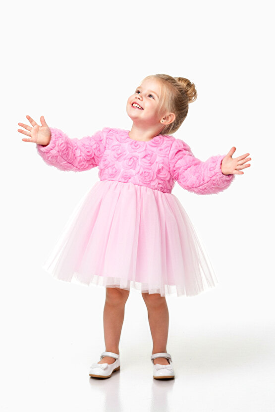 Kız Bebek Kız Çocuk Doğum Günü Parti Düğün Elbise Uzunkollu Güllü Fiyonklu Tüllü Tütü Astarlı