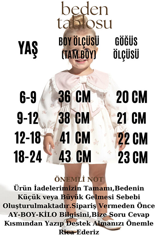 Kız Bebek Elbise Kız Çocuk Elbise Yakalı Doğum Günü Parti Düğün Özel Gün Uzun Kol Astarlı Çiçekli