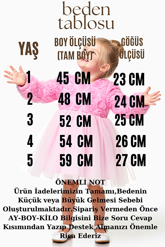 Kız Bebek Kız Çocuk Doğum Günü Parti Düğün Elbise Uzunkollu Güllü Fiyonklu Tüllü Tütü Astarlı