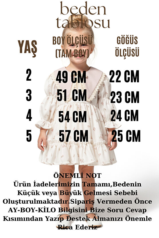 Kız Bebek Elbise Kız Çocuk Elbise Yakalı Doğum Günü Parti Düğün Özel Gün Uzun Kol Astarlı Elbise