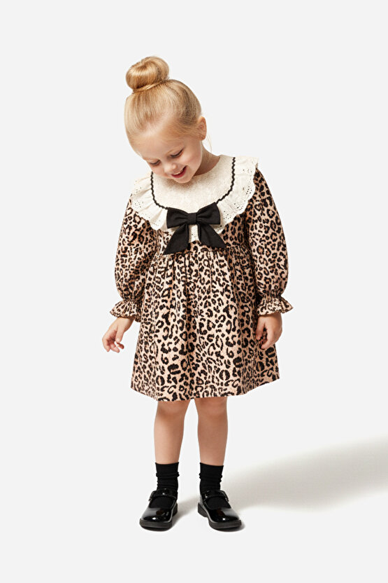 Kız Bebek Elbise Kız Çocuk Elbise Leopar Doğum Günü Parti Düğün Özel Gün Uzun Kol Astarlı Elbise