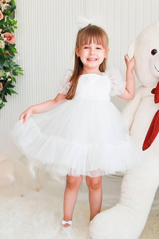 Kız Bebek Elbise Kız Çocuk Elbise Doğum Günü Parti Düğün Elbise Dantelli Kısa Kol Astarlı Elbise