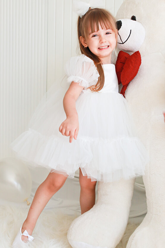 Kız Bebek Elbise Kız Çocuk Elbise Doğum Günü Parti Düğün Elbise Dantelli Kısa Kol Astarlı Elbise