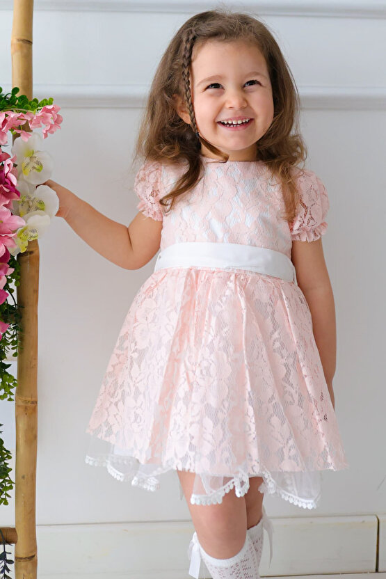 Kız Bebek Elbise Kız Çocuk Elbise Doğum Günü Parti Düğün Elbise Dantelli Kısa Kol Astarlı Elbise