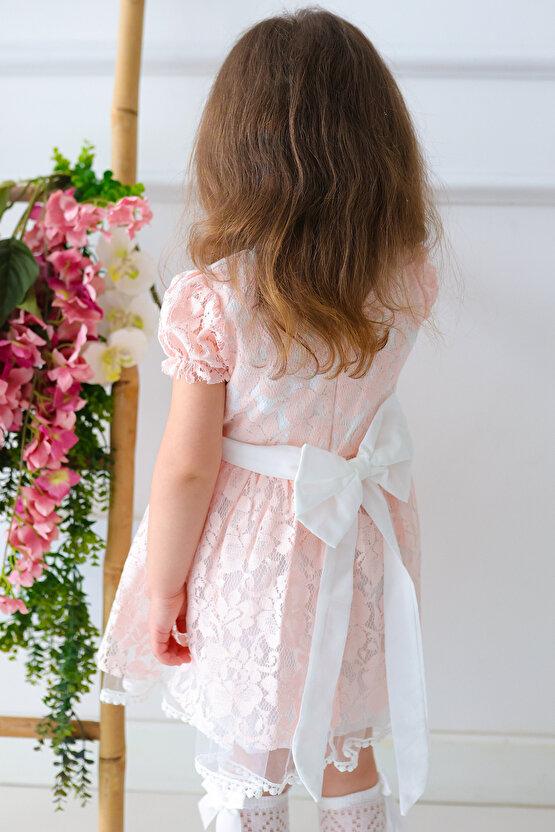 Kız Bebek Elbise Kız Çocuk Elbise Doğum Günü Parti Düğün Elbise Dantelli Kısa Kol Astarlı Elbise