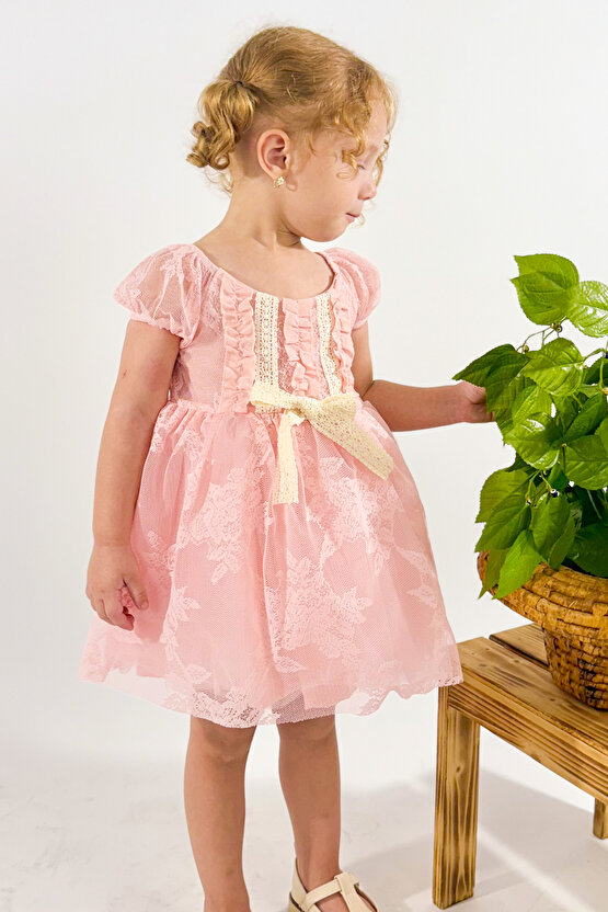 Kız Bebek Kız Çocuk Doğum Günü Parti Düğün Elbise Kısa Kol Dantelli Astarlı Elbise