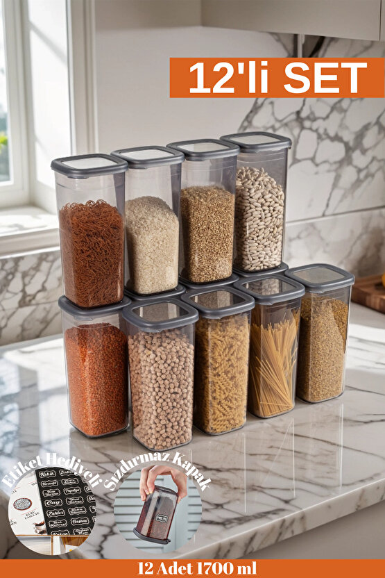 12 Adet 24 Parça Etiketli 1750 ml. Sızdırmaz Kapaklı Kare Erzak Bakliyat Saklama Kabı Seti